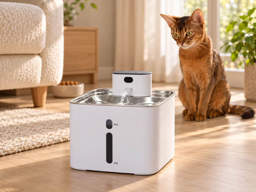 A white Furdear water fountain sits beside a beige cat tree where a brown cat rests in a sunlit home.