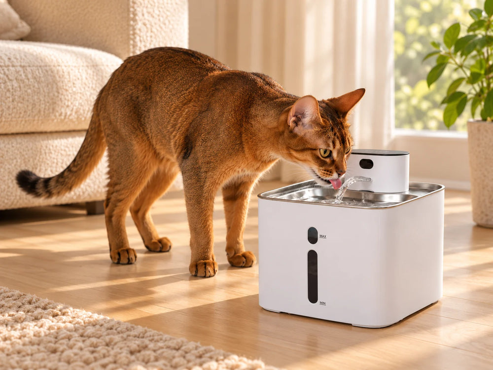 A brown cat drinks from a white Furdear water fountain with a stainless steel tray in a sunlit living room.