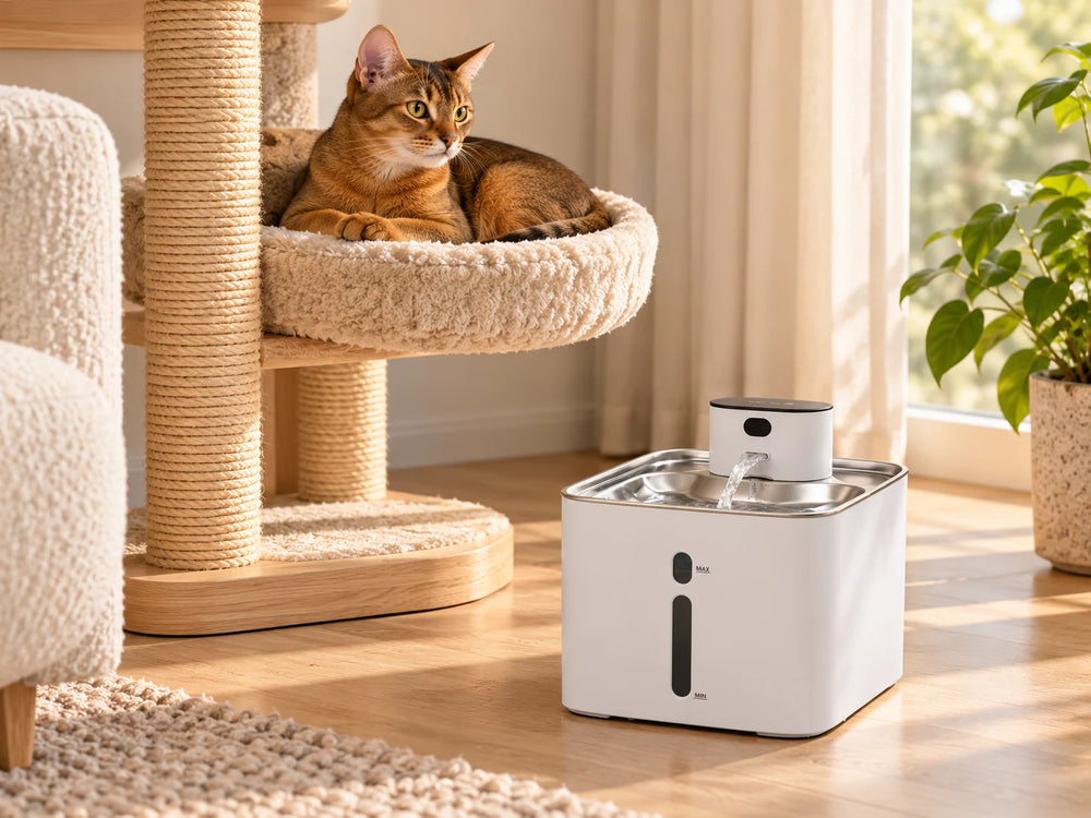 Water flows into the stainless steel tray of a white Furdear fountain while a brown cat sits nearby.