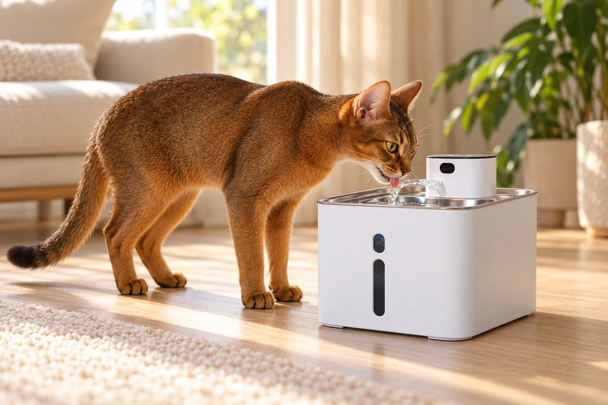 A brown Abyssinian-like cat drinks from the flowing stream of a white Furdear water fountain in a sunlit living room.