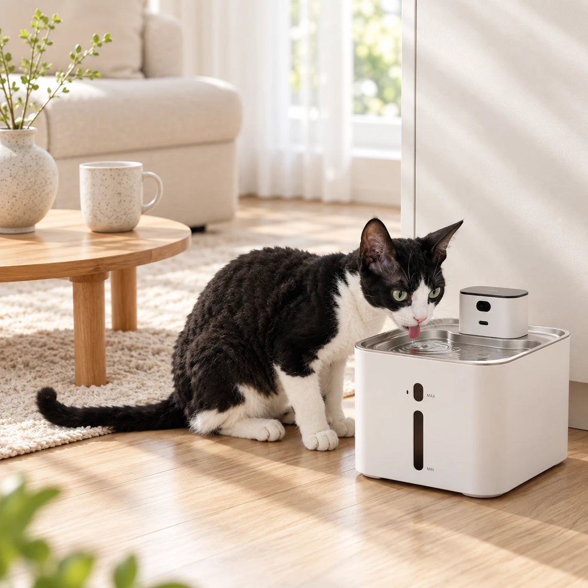 A black-and-white cat drinks from a white Furdear water fountain with a stainless steel tray in a sunlit living room.
