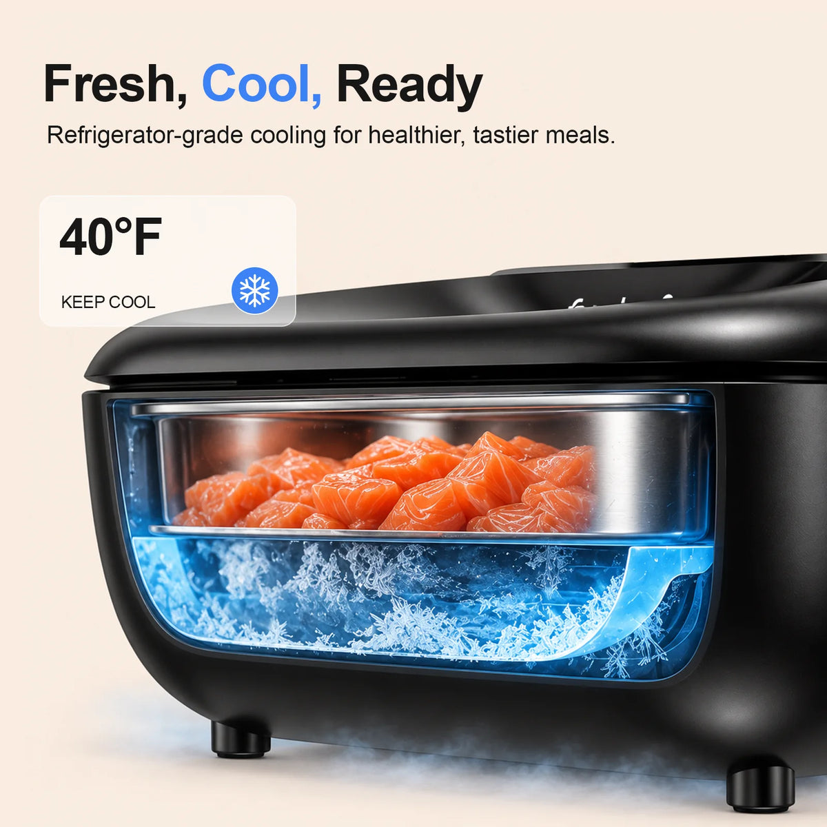 Cutaway illustration of a black Furdear Europa Lite feeder showing salmon in a stainless steel tray above a blue cooling area, with a 40°F label.