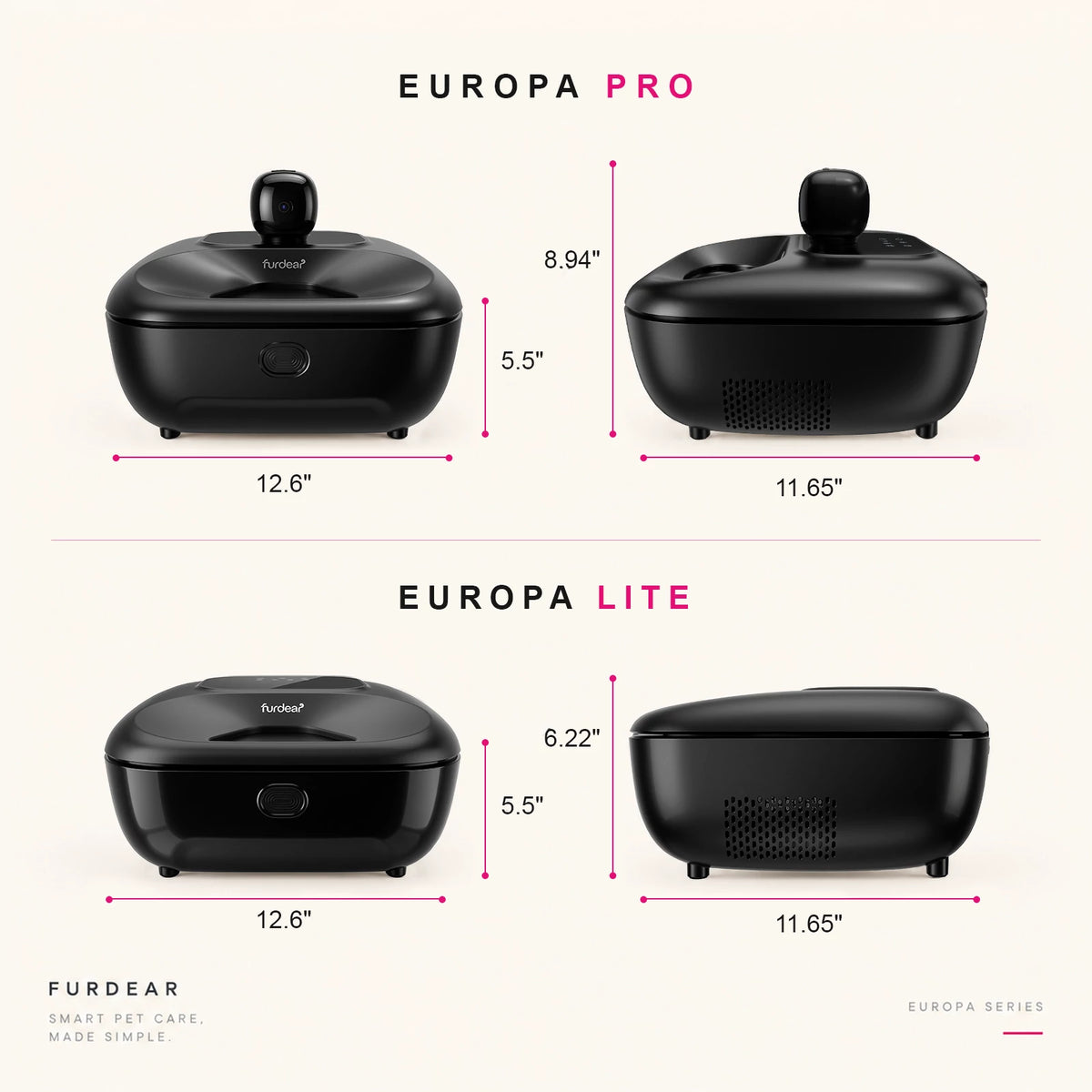 Dimension comparison of black Furdear Europa Pro and Lite feeders, both 12.6 inches wide and 11.65 inches deep, with heights of 8.94 and 6.22 inches respectively.