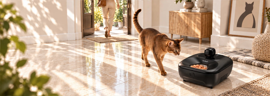 A brown cat approaches a black Furdear Europa Pro wet food feeder with a built-in camera in a sunlit living room.
