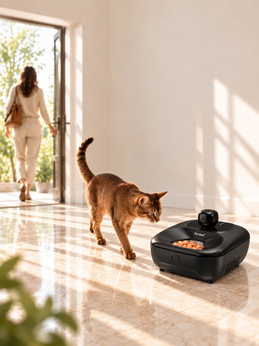 A brown cat approaches a black Furdear Europa Pro wet food feeder as its owner leaves through an open doorway in a sunlit home.
