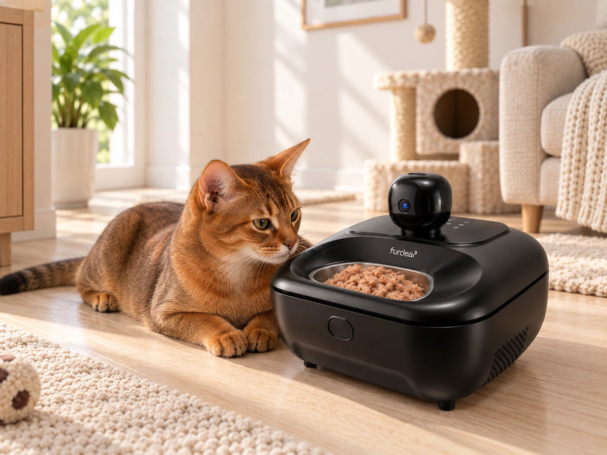 A brown cat rests beside a black Furdear Europa Pro wet food feeder with a built-in camera and a stainless steel tray filled with wet food.