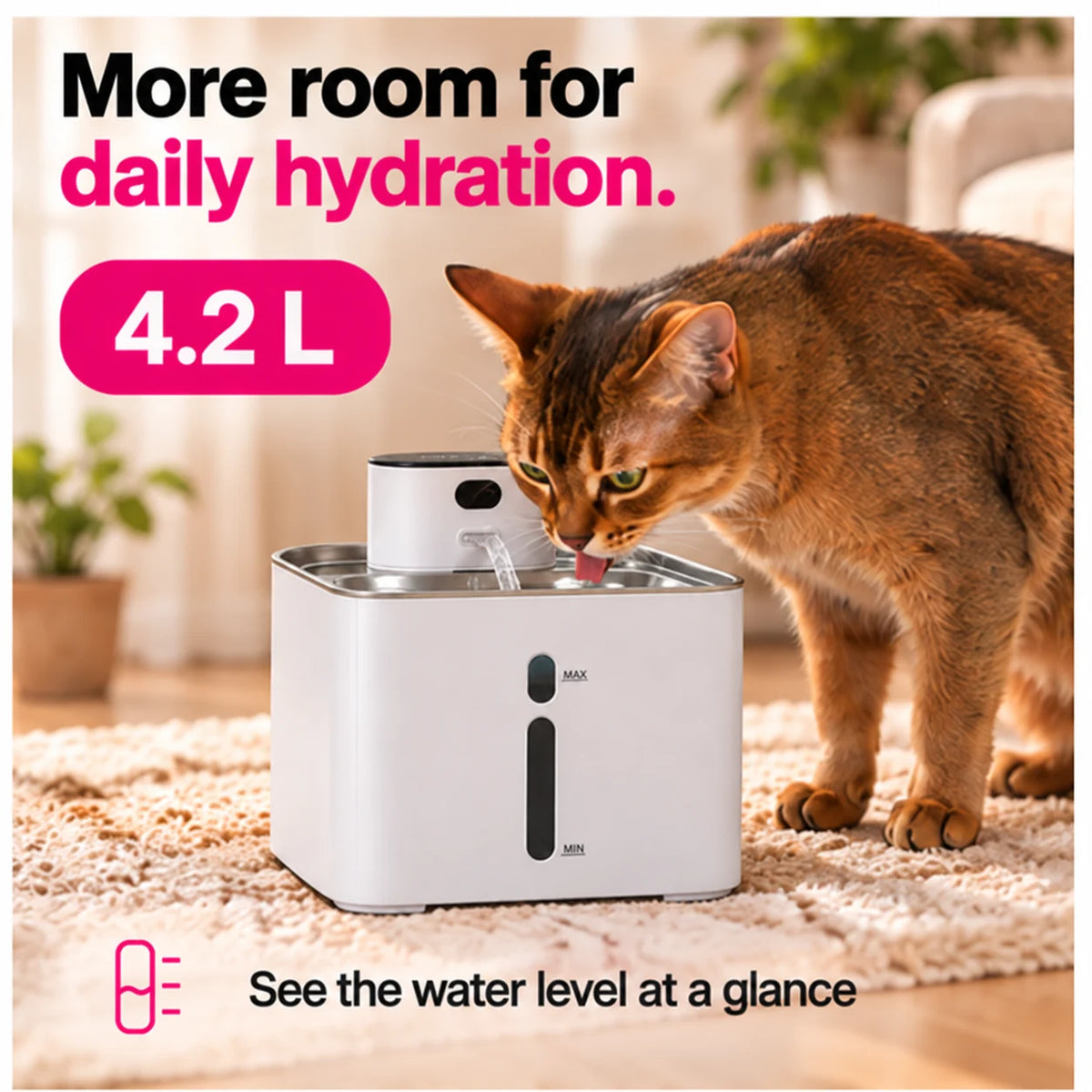 Cat drinking from the 4.2L Furdear Hydra water fountain with visible water level windows.