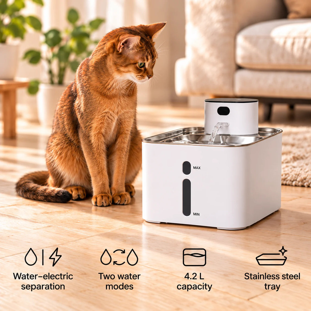 Cat beside the Furdear Hydra water fountain with icons for water and electrical separation, two modes, 4.2L capacity, and a stainless steel tray.