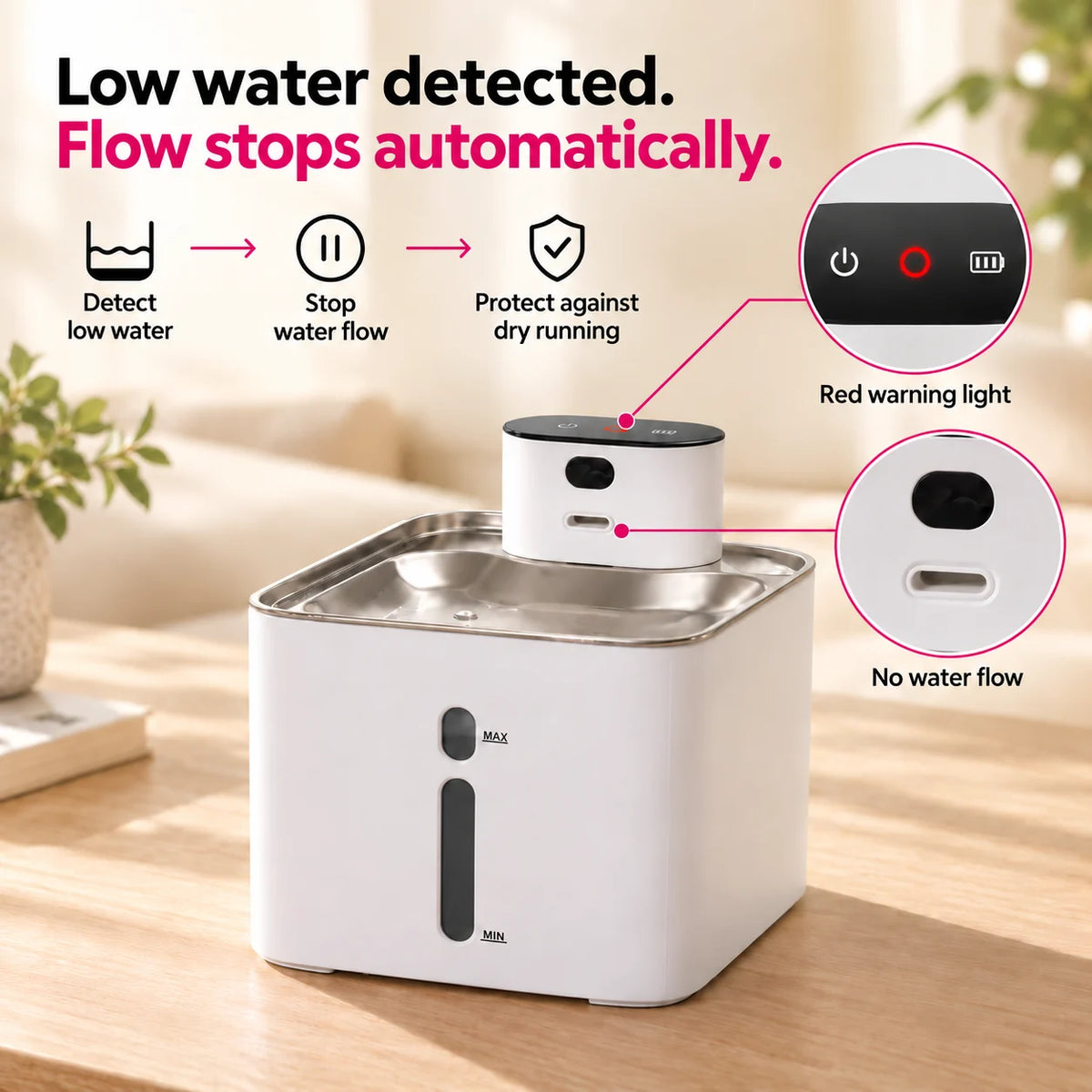 Furdear Hydra water fountain showing a red low-water warning light and stopped water flow for dry-run protection.