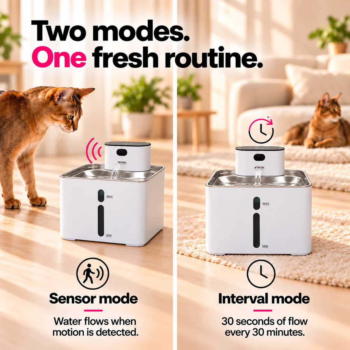 Furdear Hydra water fountain illustrating motion-activated sensor mode and timed interval mode.