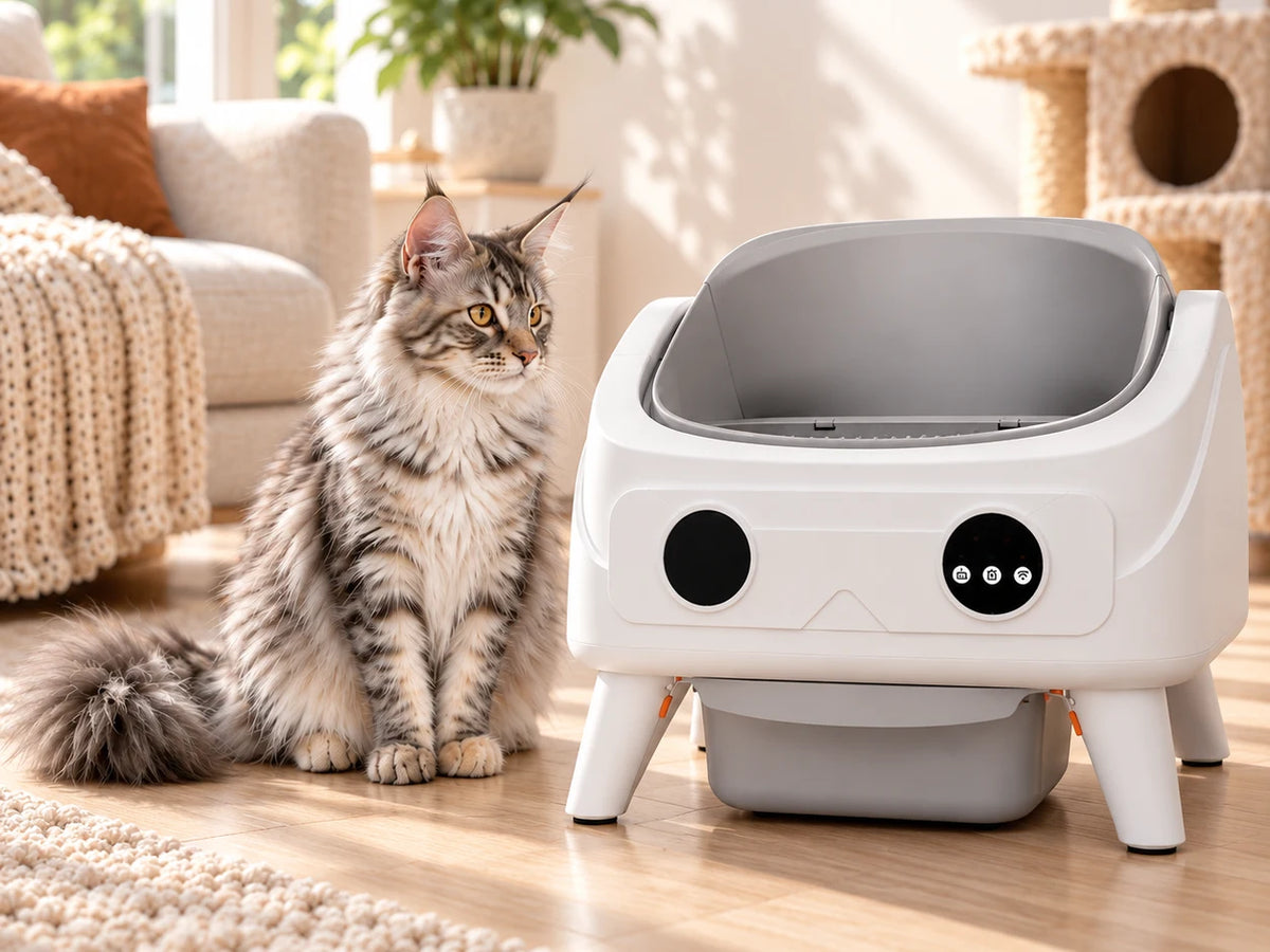 A long-haired silver tabby cat sits beside a white Furdear Luna Pro self-cleaning litter box in a sunlit living room.