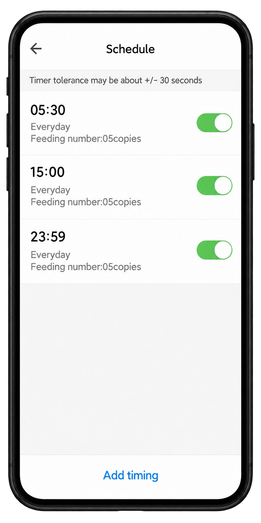 Furdear Pisci app showing three daily feeding schedules with adjustable portions.