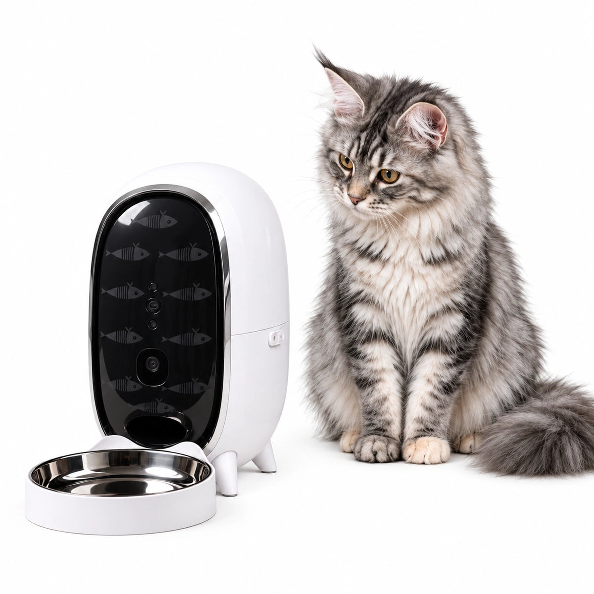 White Furdear Pisci automatic cat feeder with a stainless steel bowl and Flash sitting beside it.