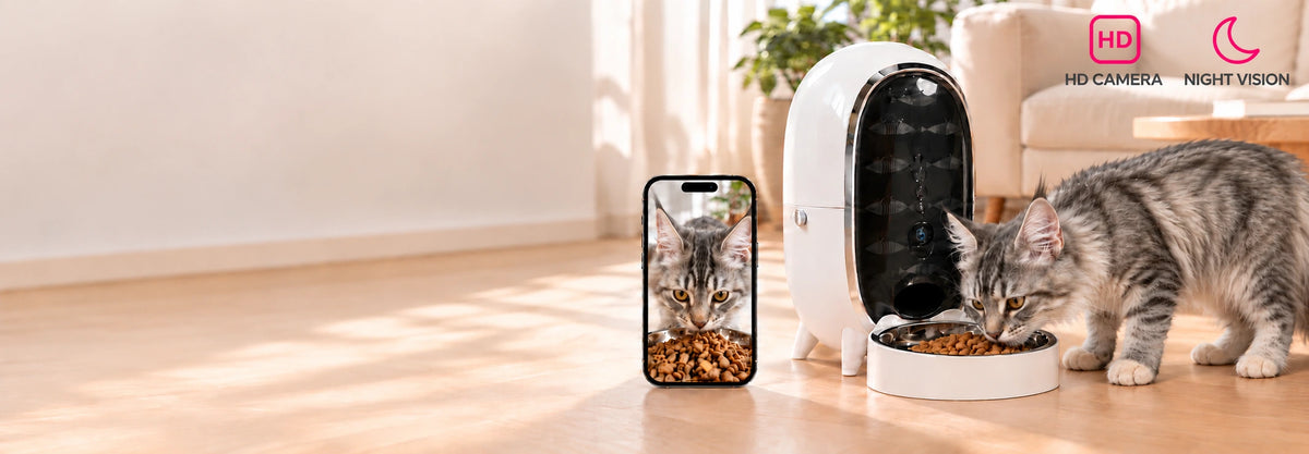 Flash eating from the Furdear Pisci automatic cat feeder, with a phone showing an illustrative camera view.