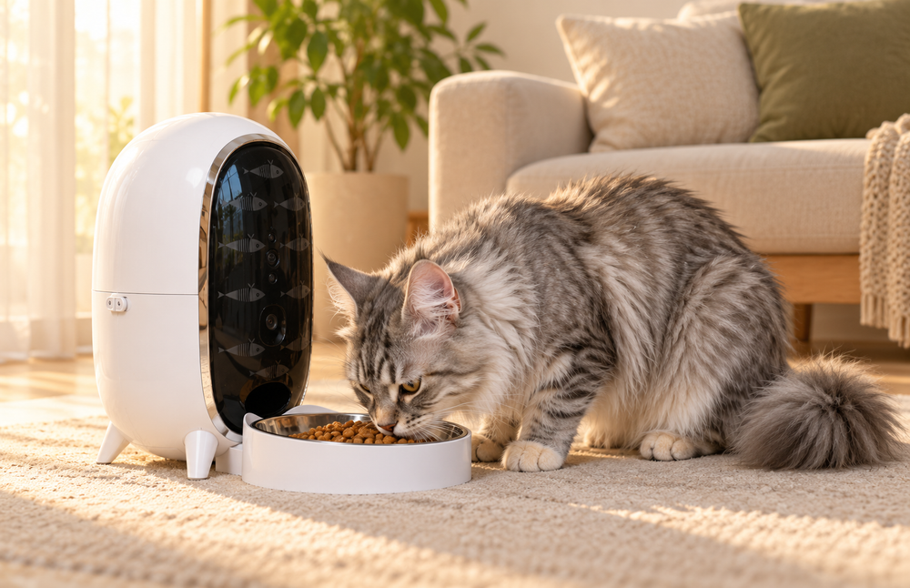 Flash eating dry food from a Furdear Pisci automatic feeder in a sunlit living room.