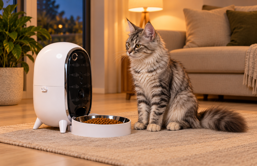 Flash sitting beside a Furdear Pisci automatic feeder in a softly lit living room at dusk.