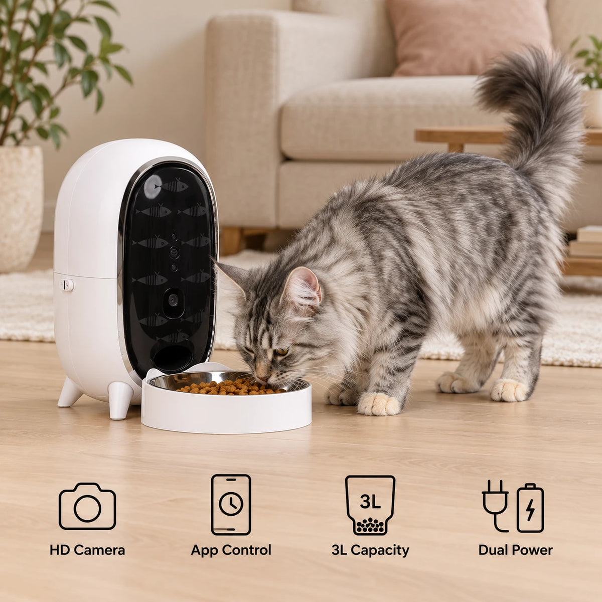 Flash eating from a Pisci feeder, with icons highlighting its HD camera, app control, 3L capacity and dual power.