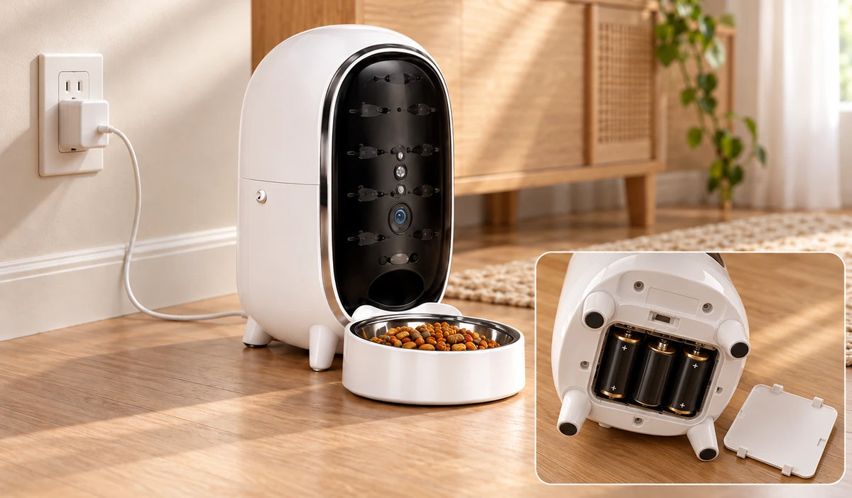 Furdear smart dry food feeder plugged into a wall outlet, with an inset showing three D batteries in the underside backup battery compartment.