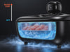 Cutaway illustration of a black Furdear Europa Pro wet food feeder, showing a blue cooling chamber beneath the food tray and a temperature scale from room temperature to 40°F.